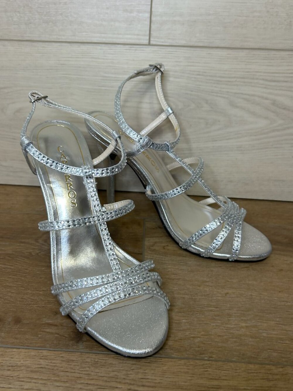 Caparros Silver Strappy Open Toe High Heel Rhinestone Sandals 8M
